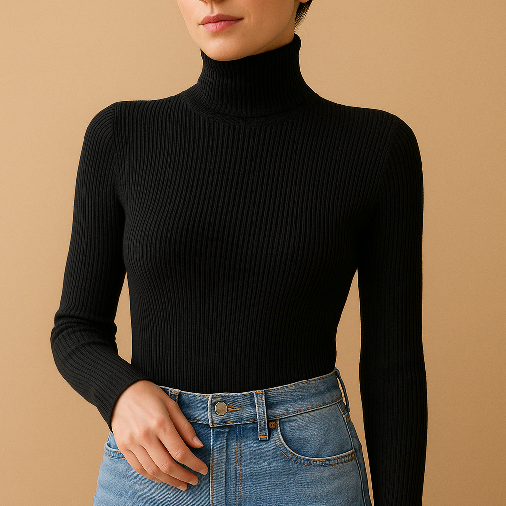 Knitted turtleneck sweater for women with a classic fold-over collar, soft texture, and elegant fit, ideal for autumn, winter, and spring outfits.