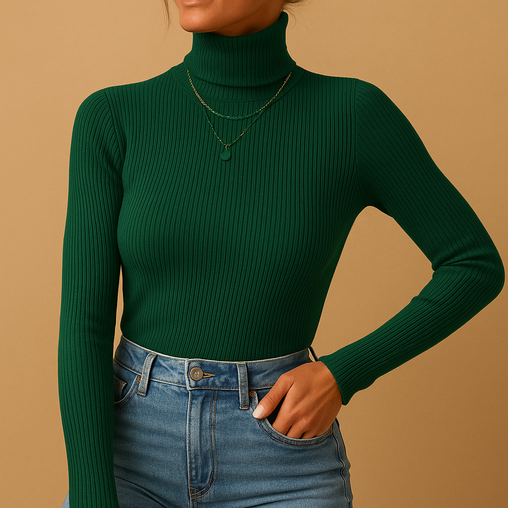 Knitted turtleneck sweater for women with a classic fold-over collar, soft texture, and elegant fit, ideal for autumn, winter, and spring outfits.