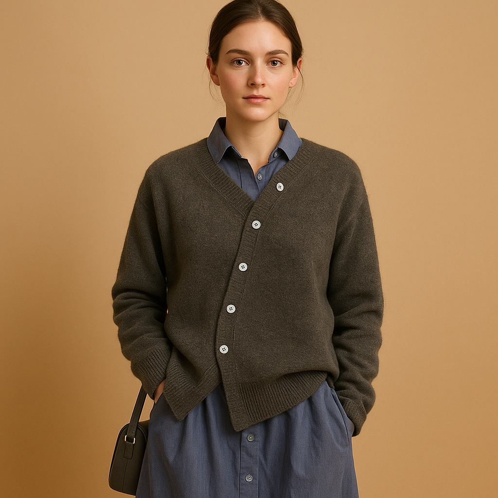 Women’s knitted wool-look sweater in grey and khaki with a classic relaxed fit and soft, non-itch texture for stylish comfort year-round.