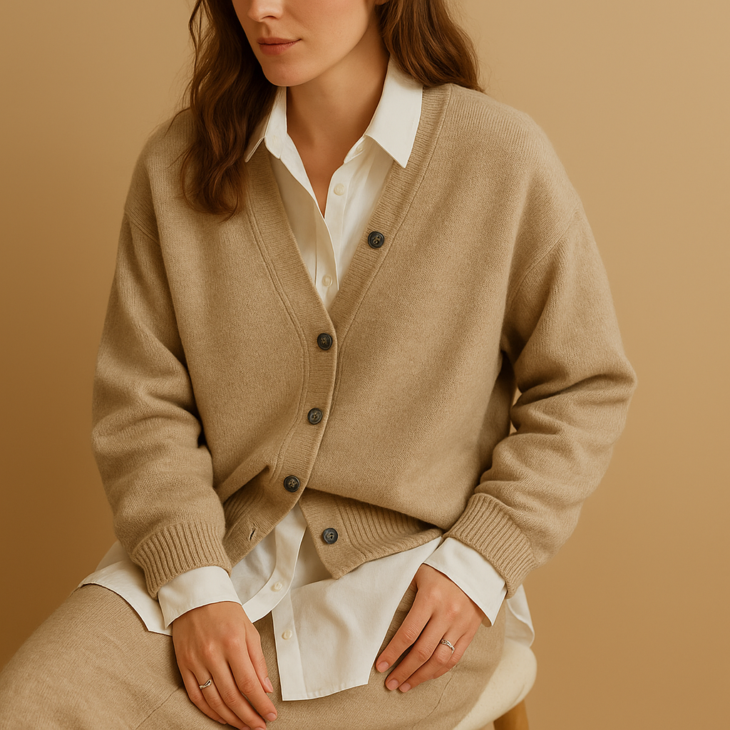 Women’s knitted wool-look sweater in grey and khaki with a classic relaxed fit and soft, non-itch texture for stylish comfort year-round.