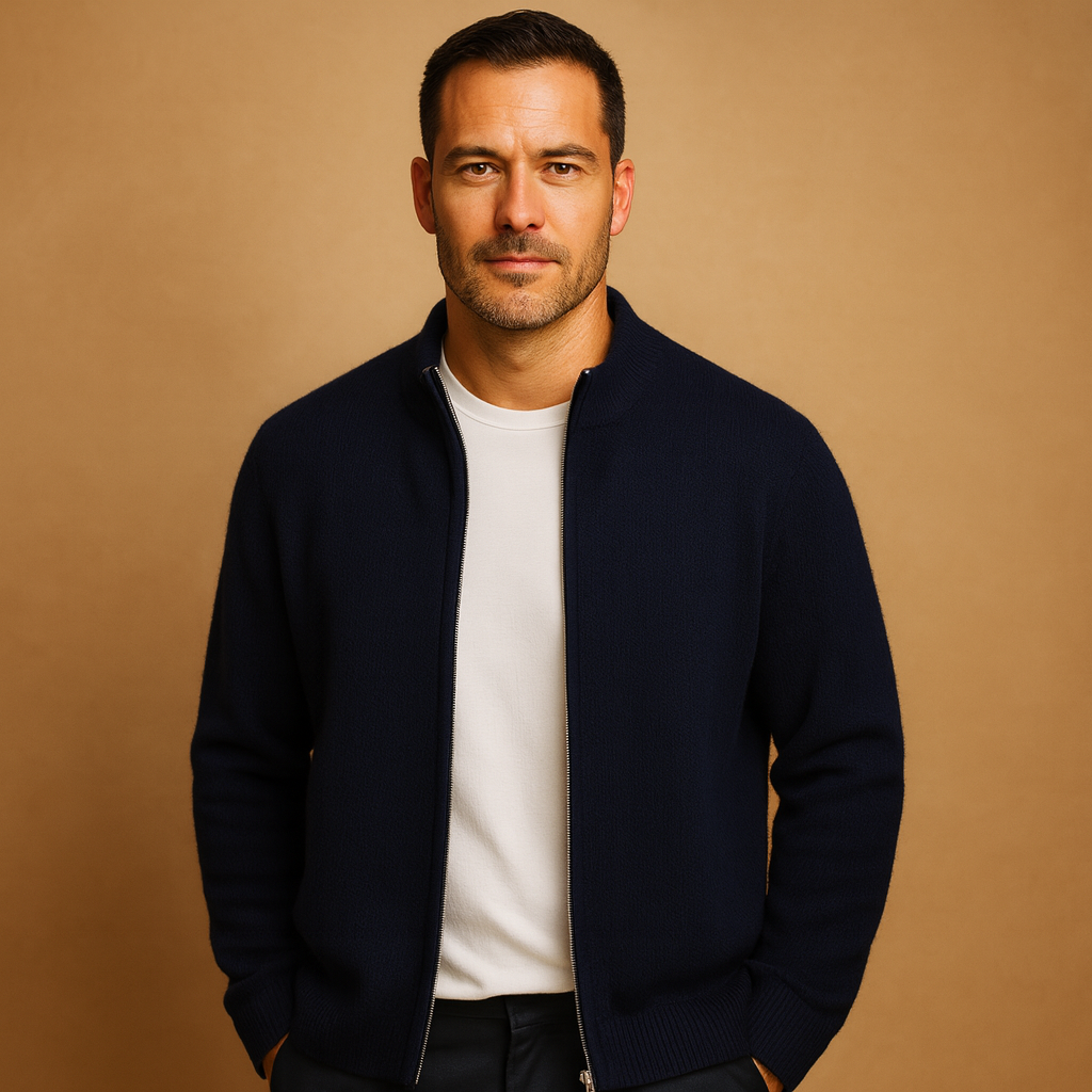 Knitted zip cardigan for men with ribbed collar, classic design, and warm fit, ideal for autumn and winter casual or business wear.