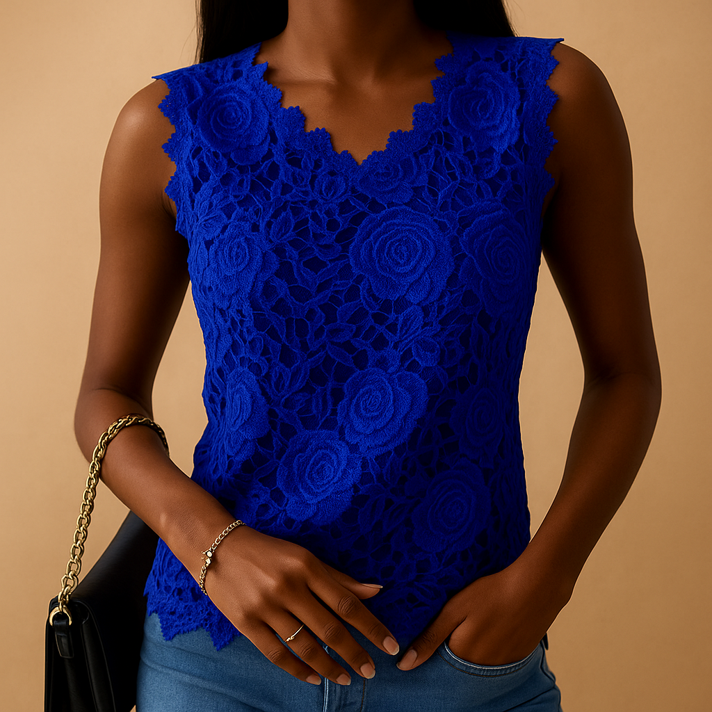 Lace detail blouse for women with a round neckline and relaxed fit, suitable for office wear, casual days, and everyday outfits.