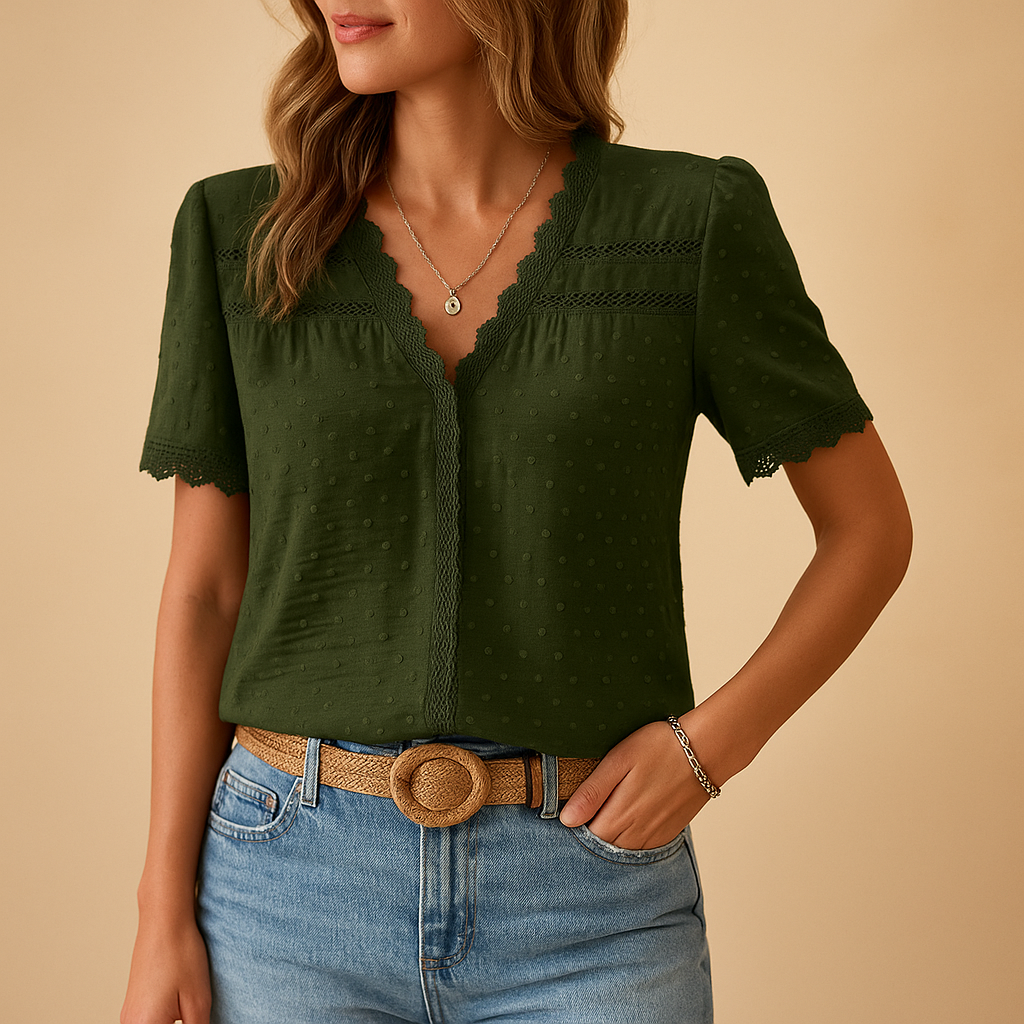 Women’s lace V-neck blouse with elegant detailing, flattering fit, and soft fabric, ideal for work, parties, or special events.