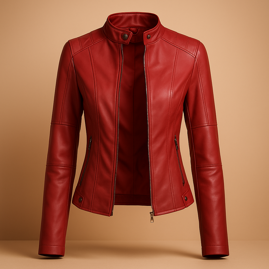 Women’s leather jacket with symmetrical zipper and snap-button collar, available in black, camel, beige, and wine red. Perfect for autumn and spring.