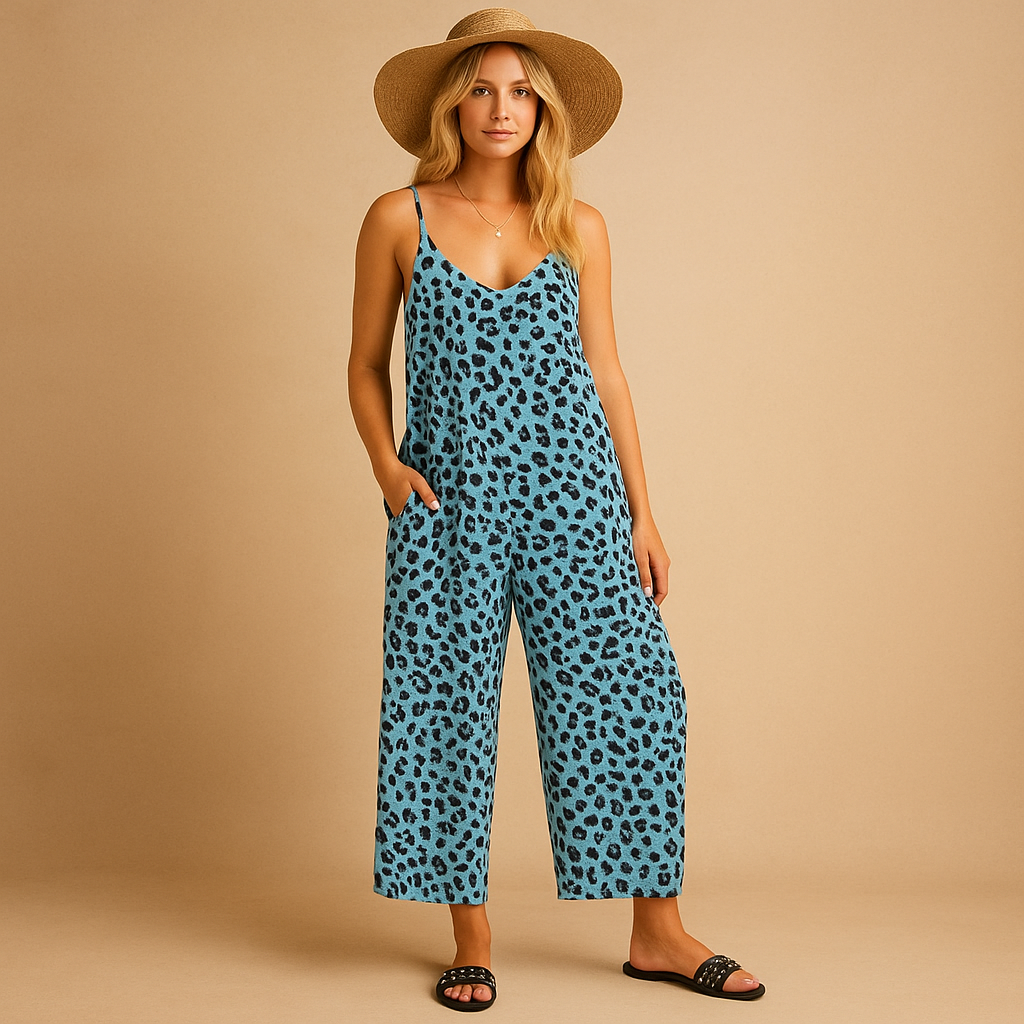 Women’s leopard print halter jumpsuit with airy fit and flattering neckline, perfect for summer outings, vacations, and casual days.