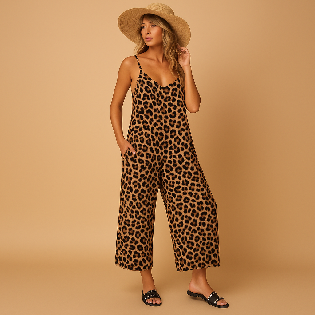 Women’s leopard print halter jumpsuit with airy fit and flattering neckline, perfect for summer outings, vacations, and casual days.