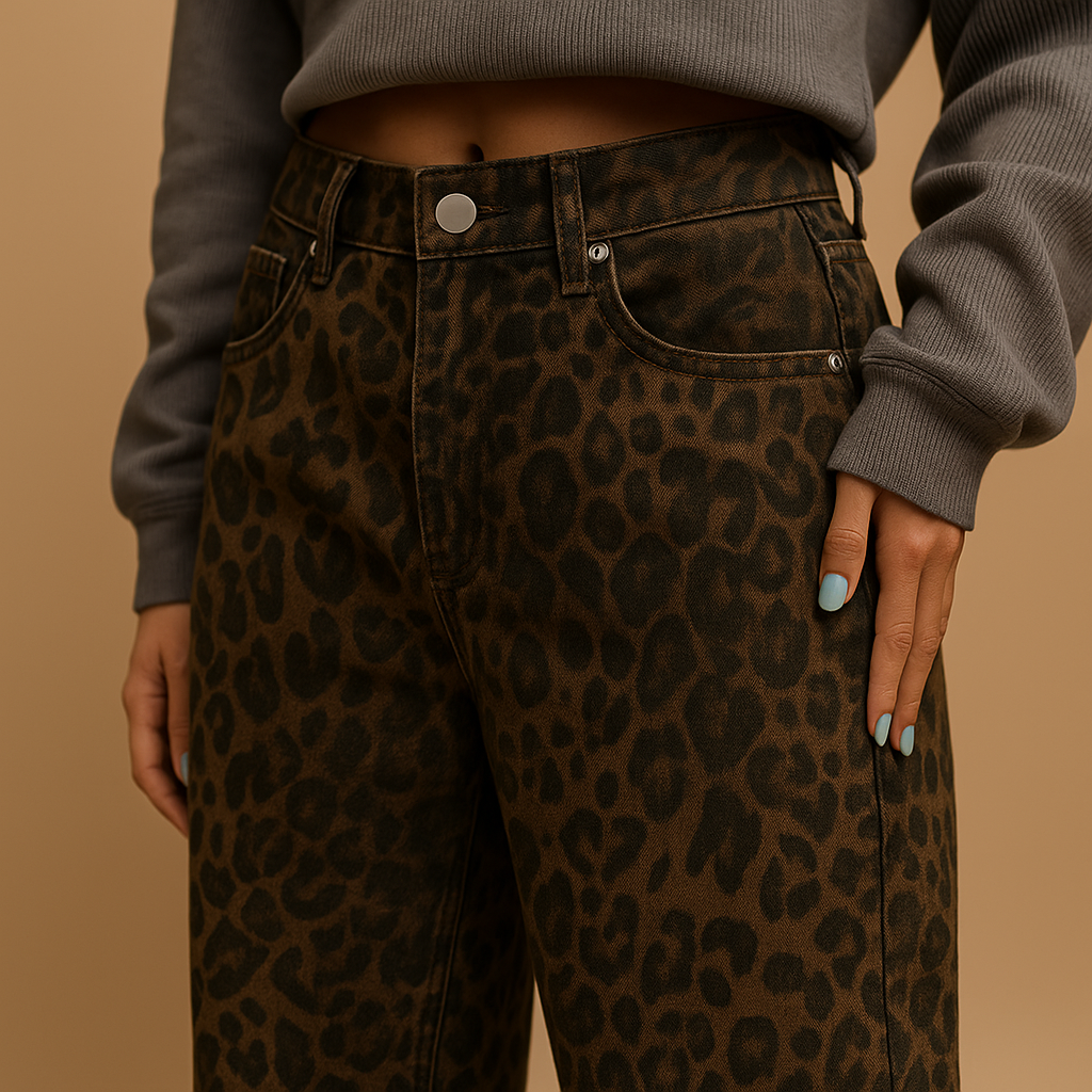 Women’s leopard print slim fit jeans with a comfortable stretch and flattering fit, perfect for casual or bold evening outfits.