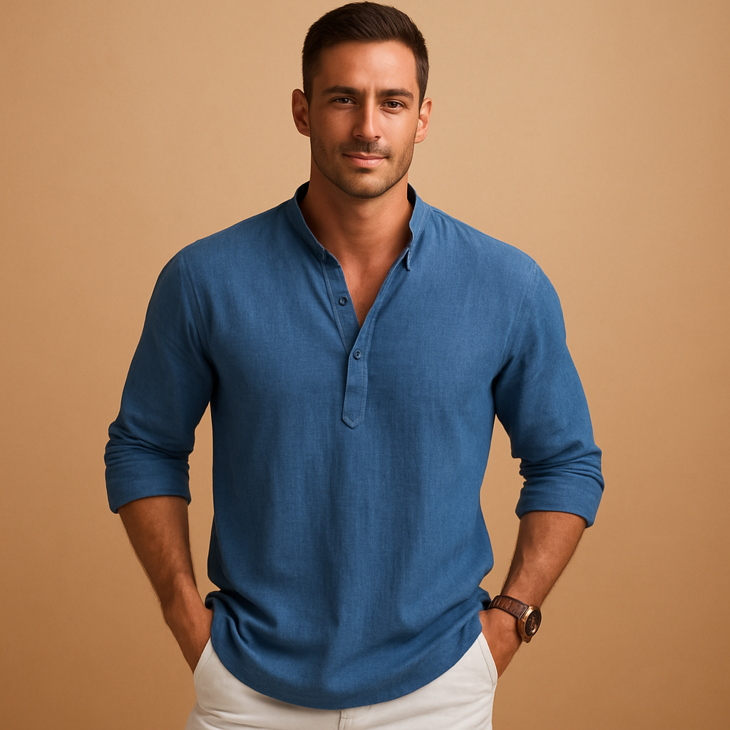 Men’s light long sleeve V-neck shirt with modern fit, ideal for summer, work, and casual evening wear.