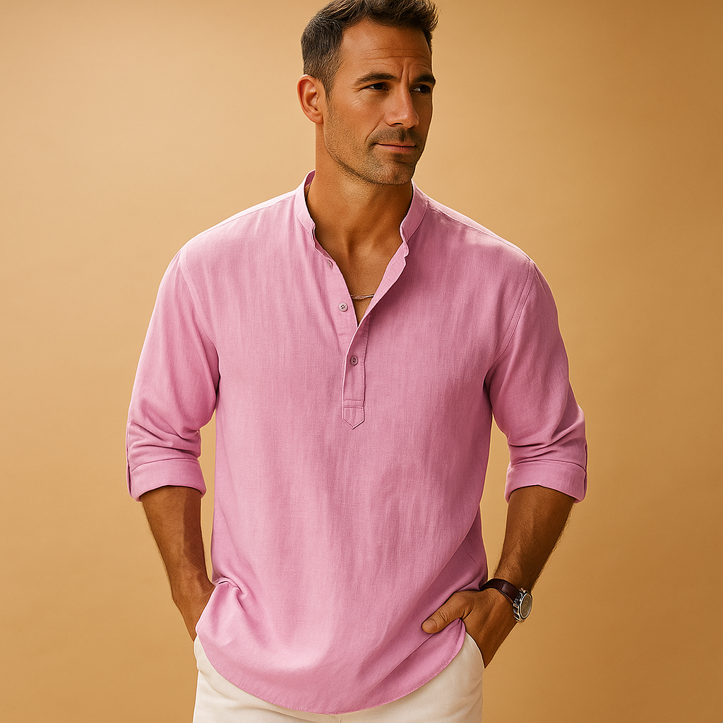 Men’s light long sleeve V-neck shirt with modern fit, ideal for summer, work, and casual evening wear.