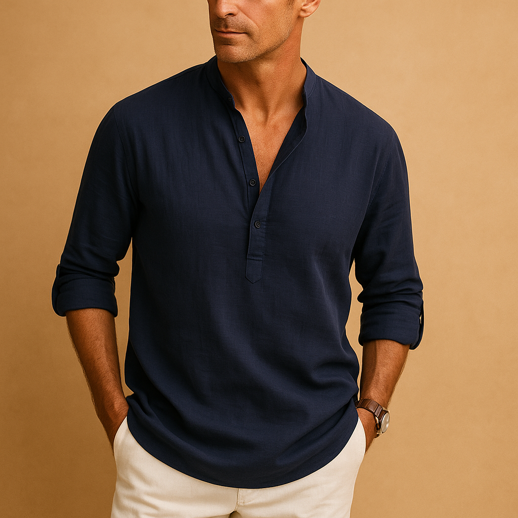 Men’s light long sleeve V-neck shirt with modern fit, ideal for summer, work, and casual evening wear.