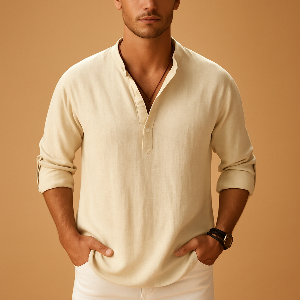 Men’s light long sleeve V-neck shirt with modern fit, ideal for summer, work, and casual evening wear.
