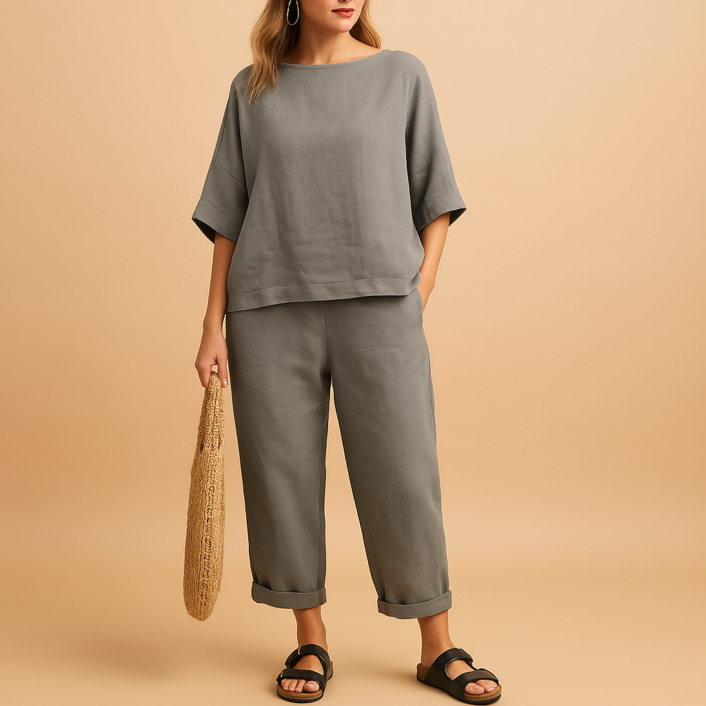 Light two-piece set for women with loose shirt and ankle-length pants, perfect for summer days, lounging, or casual wear.