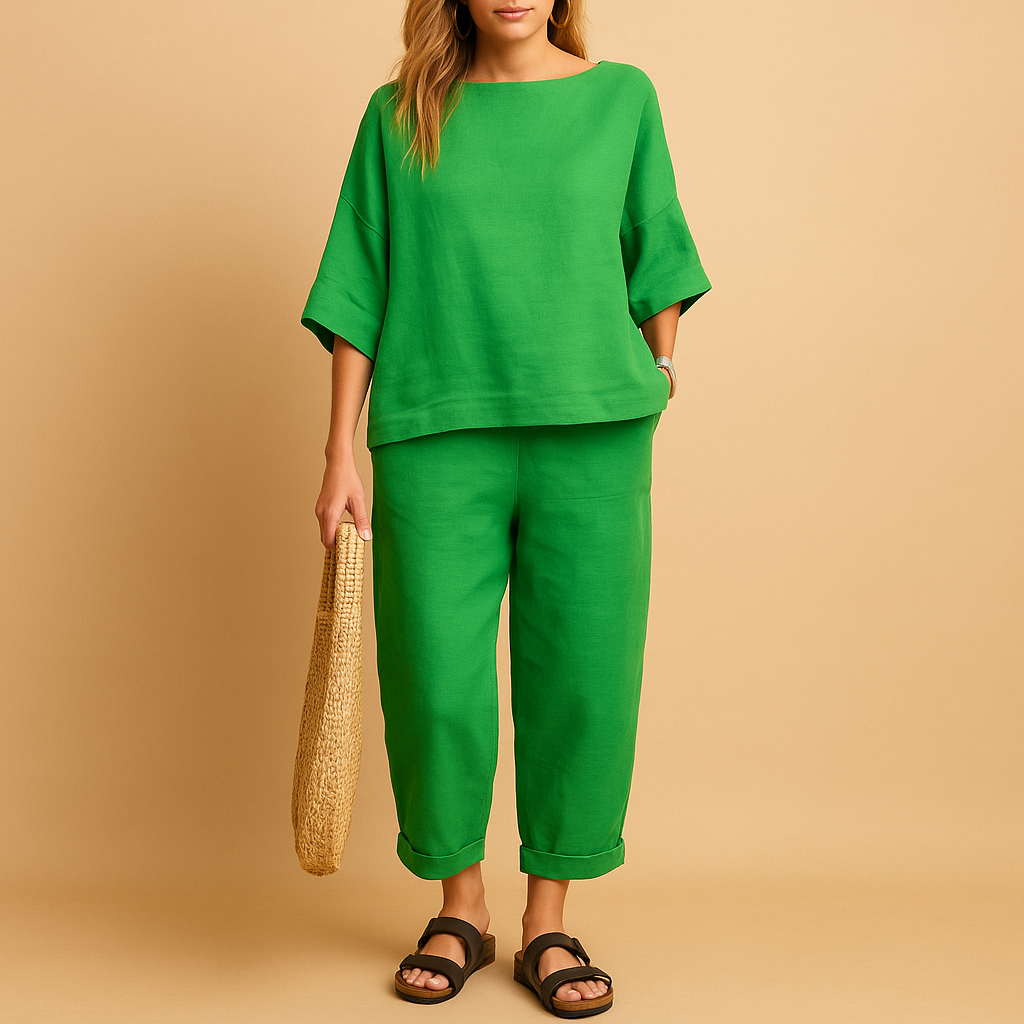 Light two-piece set for women with loose shirt and ankle-length pants, perfect for summer days, lounging, or casual wear.