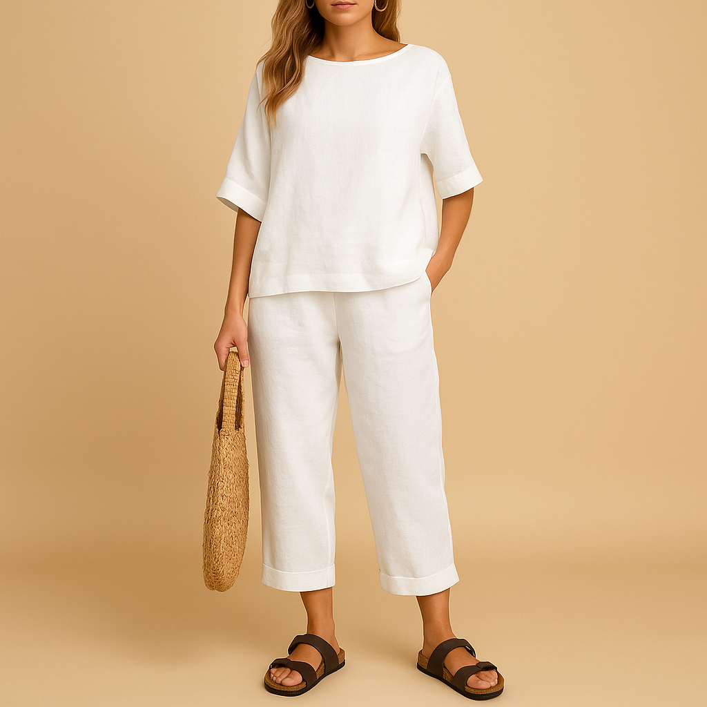Light two-piece set for women with loose shirt and ankle-length pants, perfect for summer days, lounging, or casual wear.