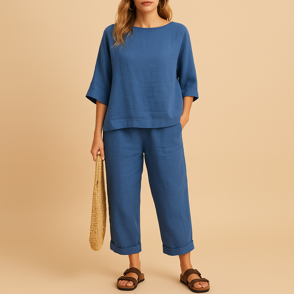 Light two-piece set for women with loose shirt and ankle-length pants, perfect for summer days, lounging, or casual wear.