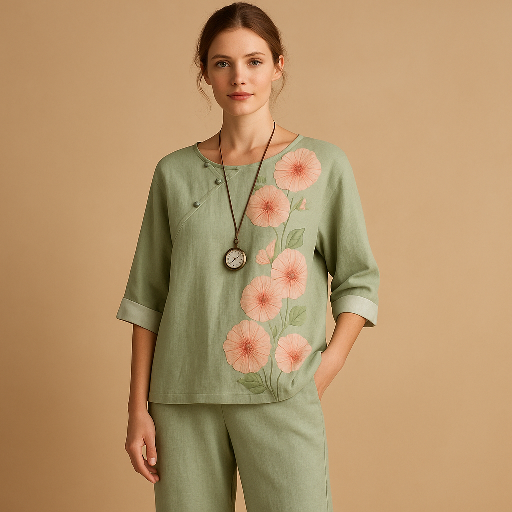 Light two-piece set for women with loose fit and elegant handmade details, perfect for spring, summer, and casual occasions.