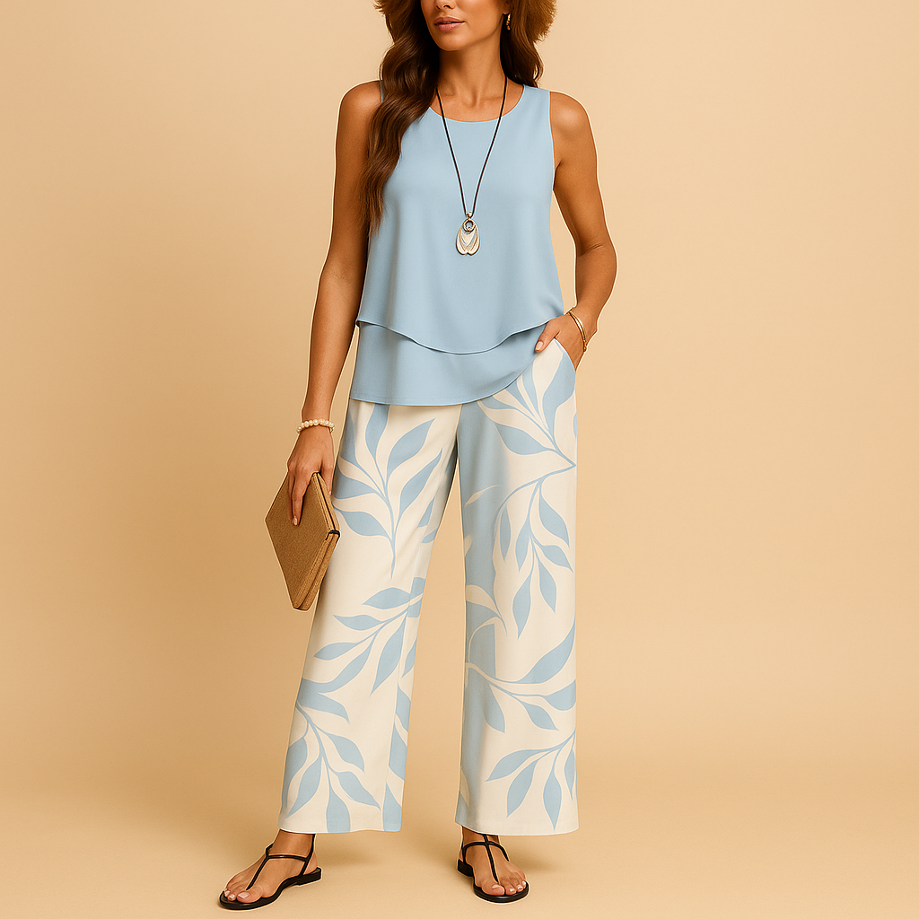 Chic light two-piece summer set for women with sleeveless top and straight pants, perfect for warm days and casual elegance.