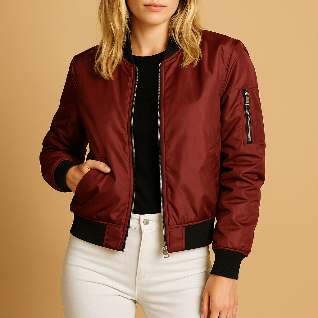 Women’s lightweight bomber jacket with a zip closure and side pockets, suitable for summer days, casual outfits, and evening wear.