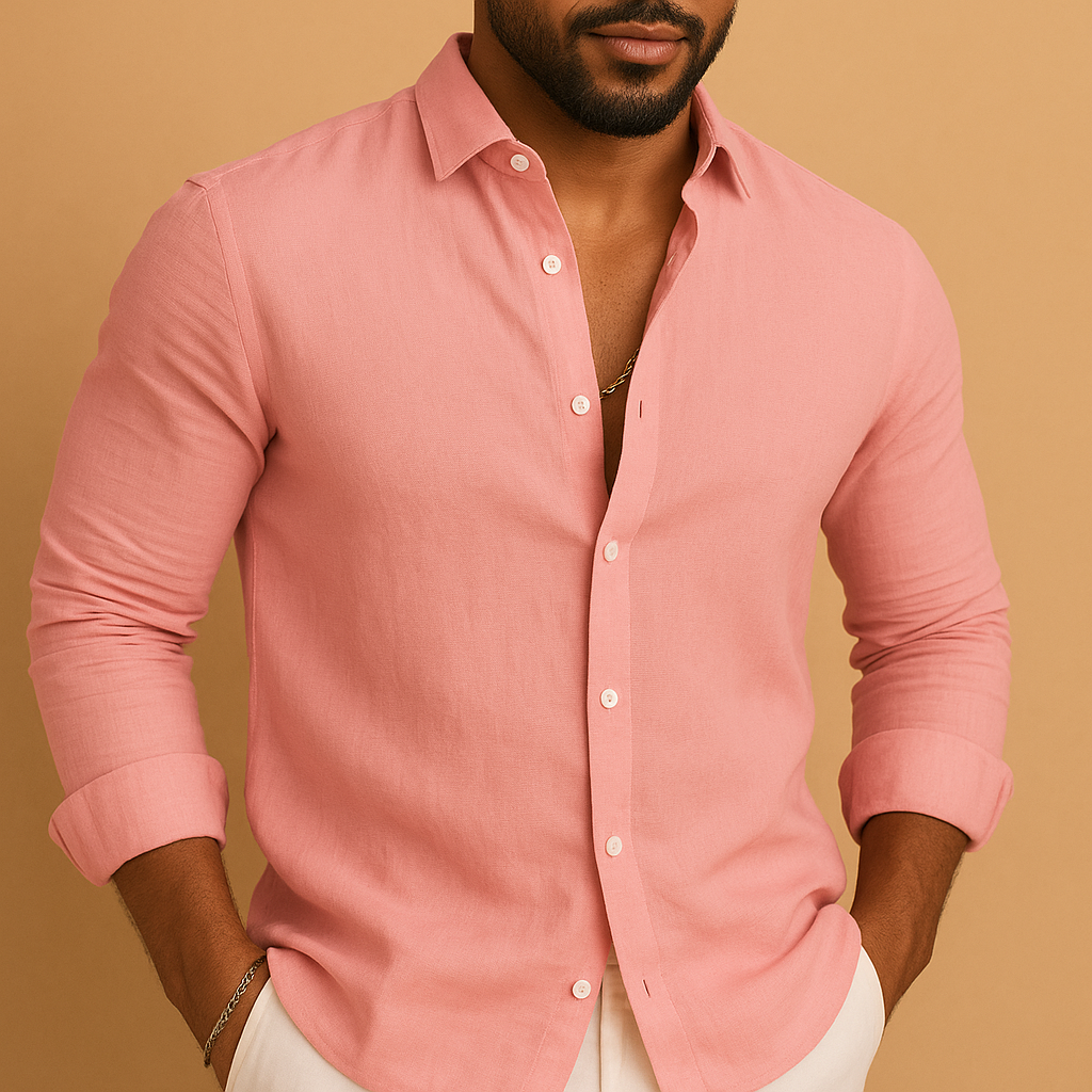 Men’s lightweight breathable shirt in black, khaki, pink, sky blue, and white, ideal for casual and business wear.
