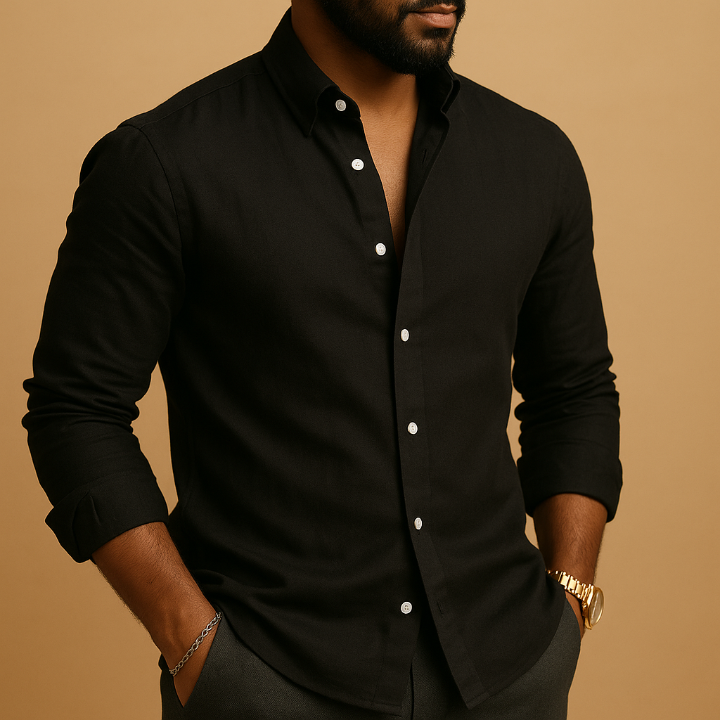 Men’s lightweight breathable shirt in black, khaki, pink, sky blue, and white, ideal for casual and business wear.