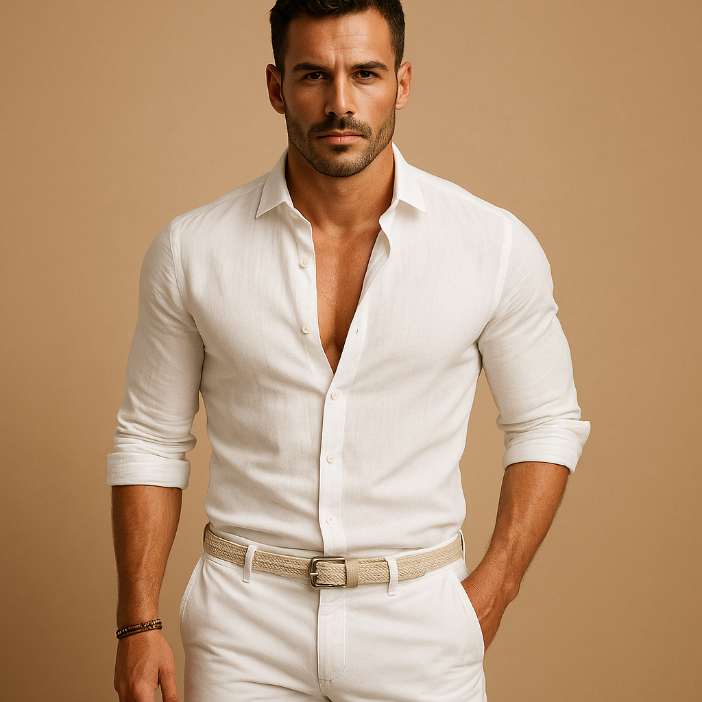 Men’s lightweight button-down shirt with cuffed sleeves and classic collar, ideal for work and summer outfits.