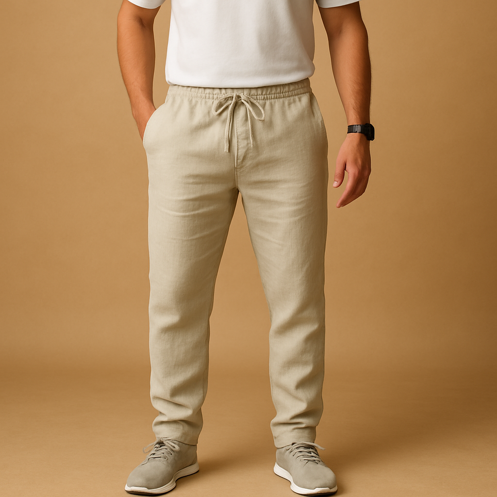Men’s lightweight casual pants with loose fit and breathable fabric, perfect for summer, beach, or elegant casual occasions.