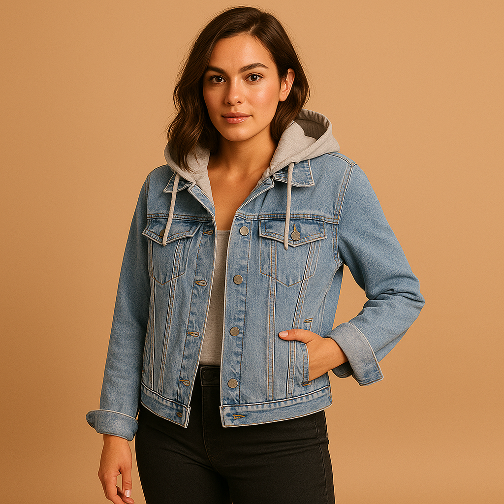 Women’s lightweight denim jacket with hood and classic design, suitable for summer wear, casual outfits, and layering on cooler evenings.