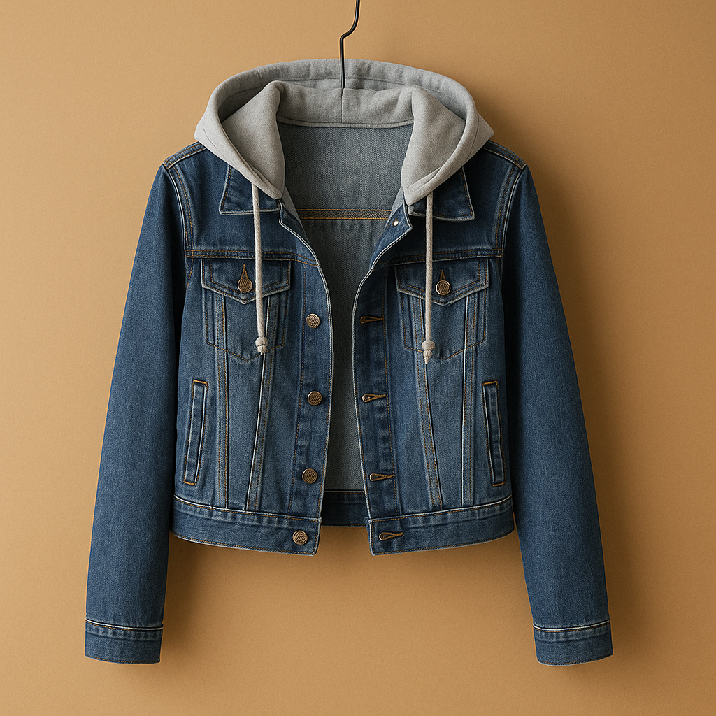 Women’s lightweight denim jacket with hood and classic design, suitable for summer wear, casual outfits, and layering on cooler evenings.