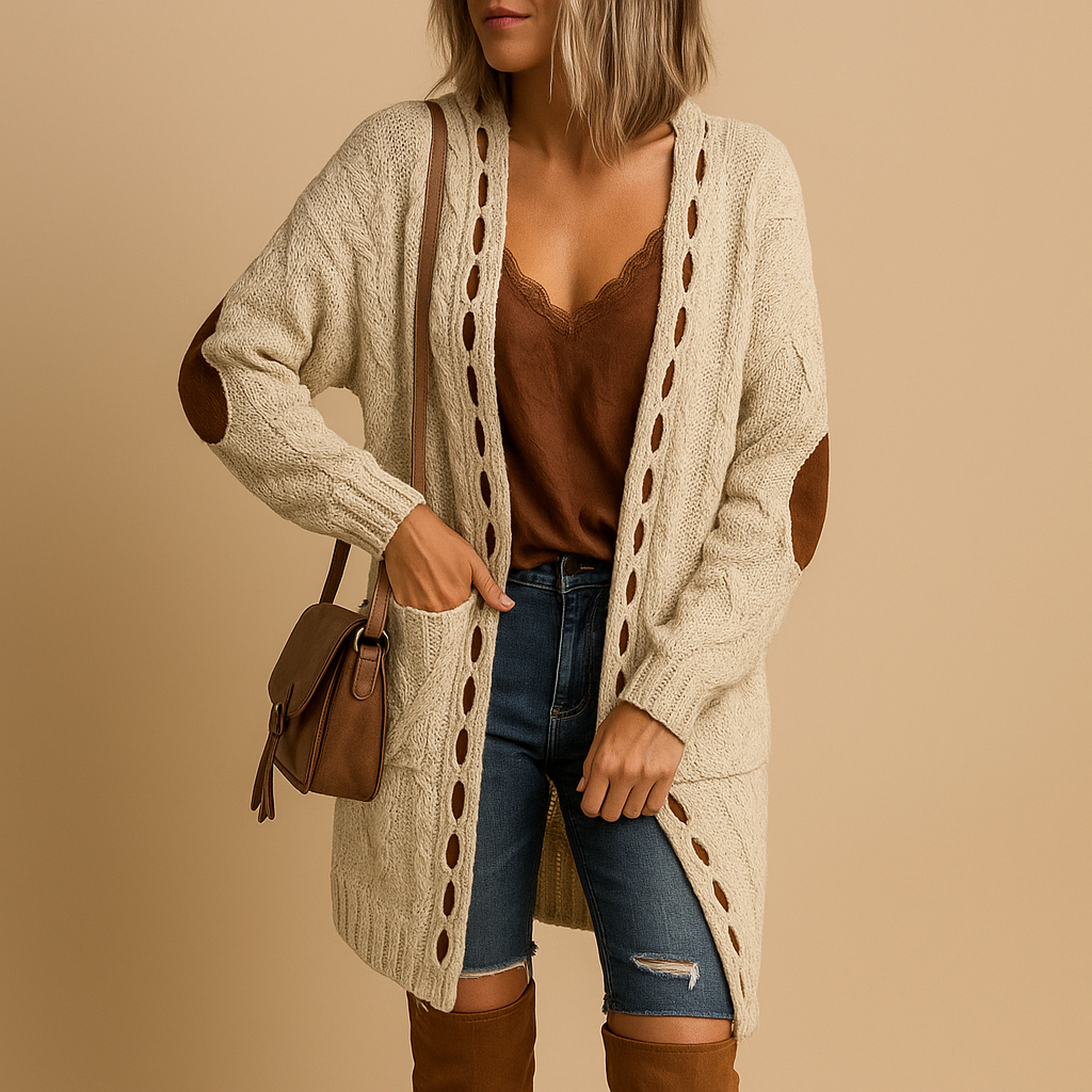 Women’s lightweight knitted hoodie cardigan with long sleeves, perfect for layering in cool summer evenings and transitional seasons.