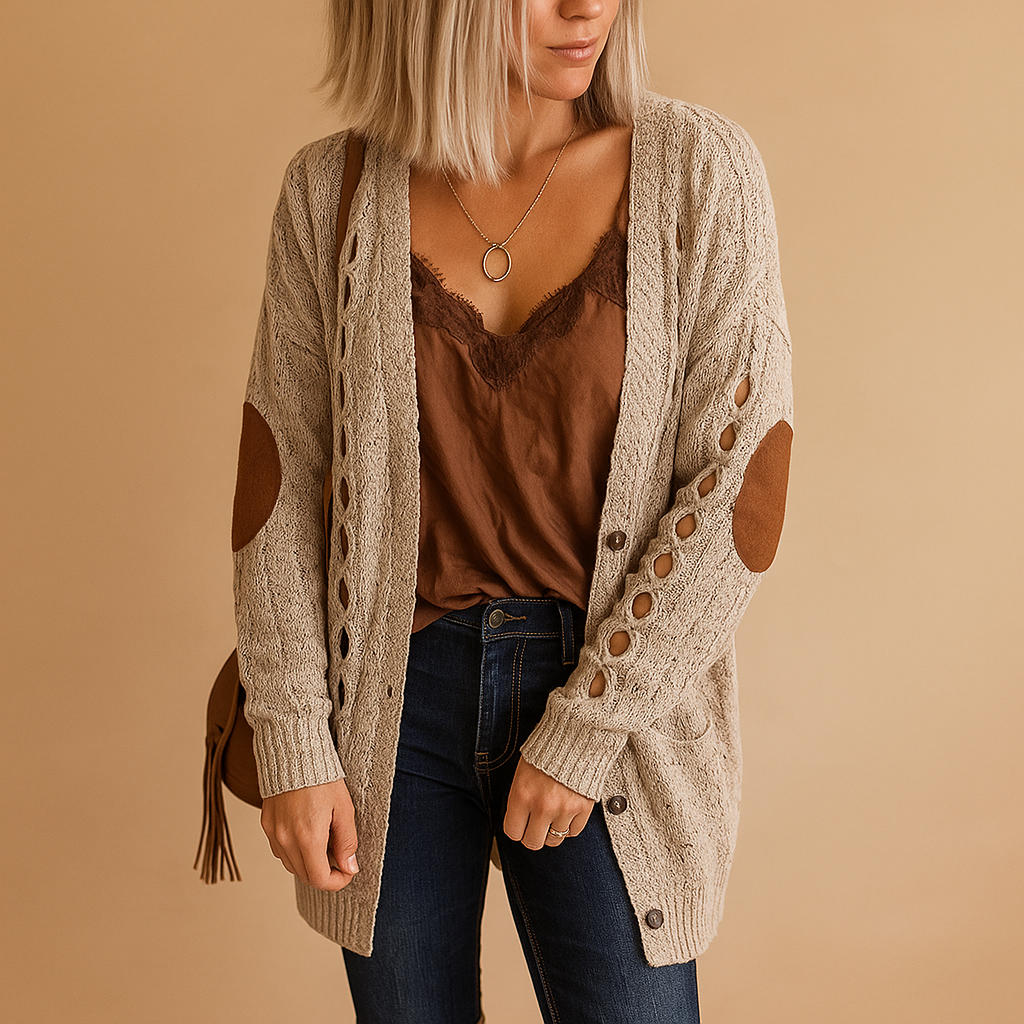 Women’s lightweight knitted hoodie cardigan with long sleeves, perfect for layering in cool summer evenings and transitional seasons.