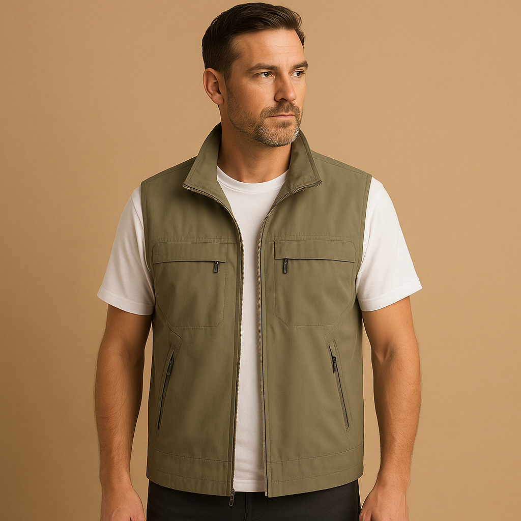 Men’s lightweight outdoor cardigan with mesh fabric, short sleeves, and practical pockets, ideal for hiking, fishing, and camping adventures.