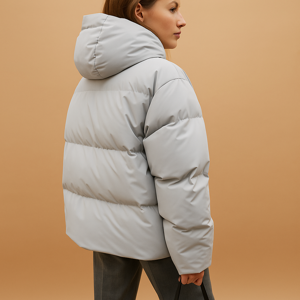 Lightweight padded jacket for women with hood, water-repellent finish, and flattering fit, perfect for casual walks or city outings.