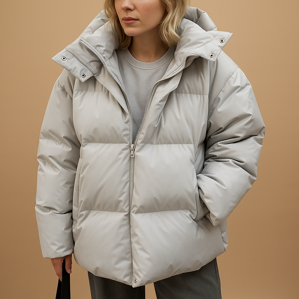 Lightweight padded jacket for women with hood, water-repellent finish, and flattering fit, perfect for casual walks or city outings.