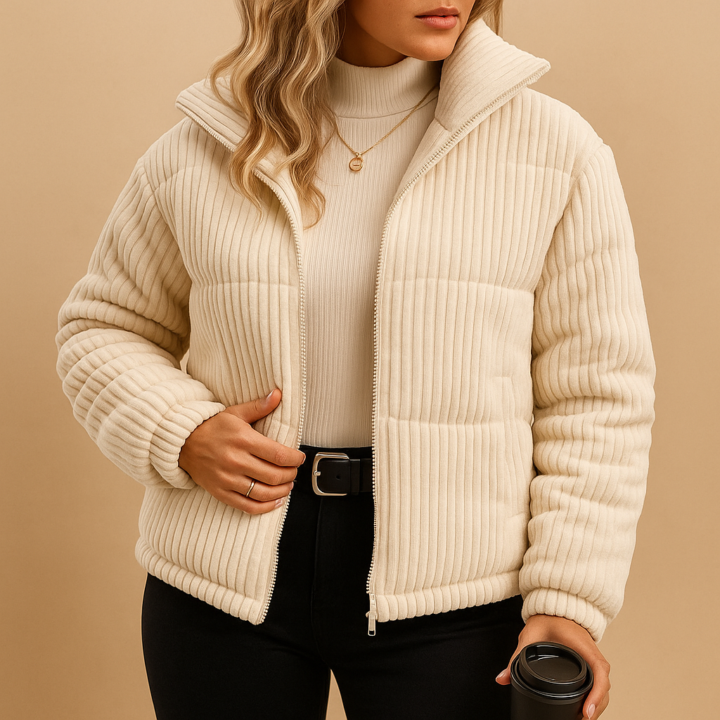 Women’s lightweight puffer jacket with a fitted silhouette, high collar, and zip closure, ideal for everyday wear and winter city walks.