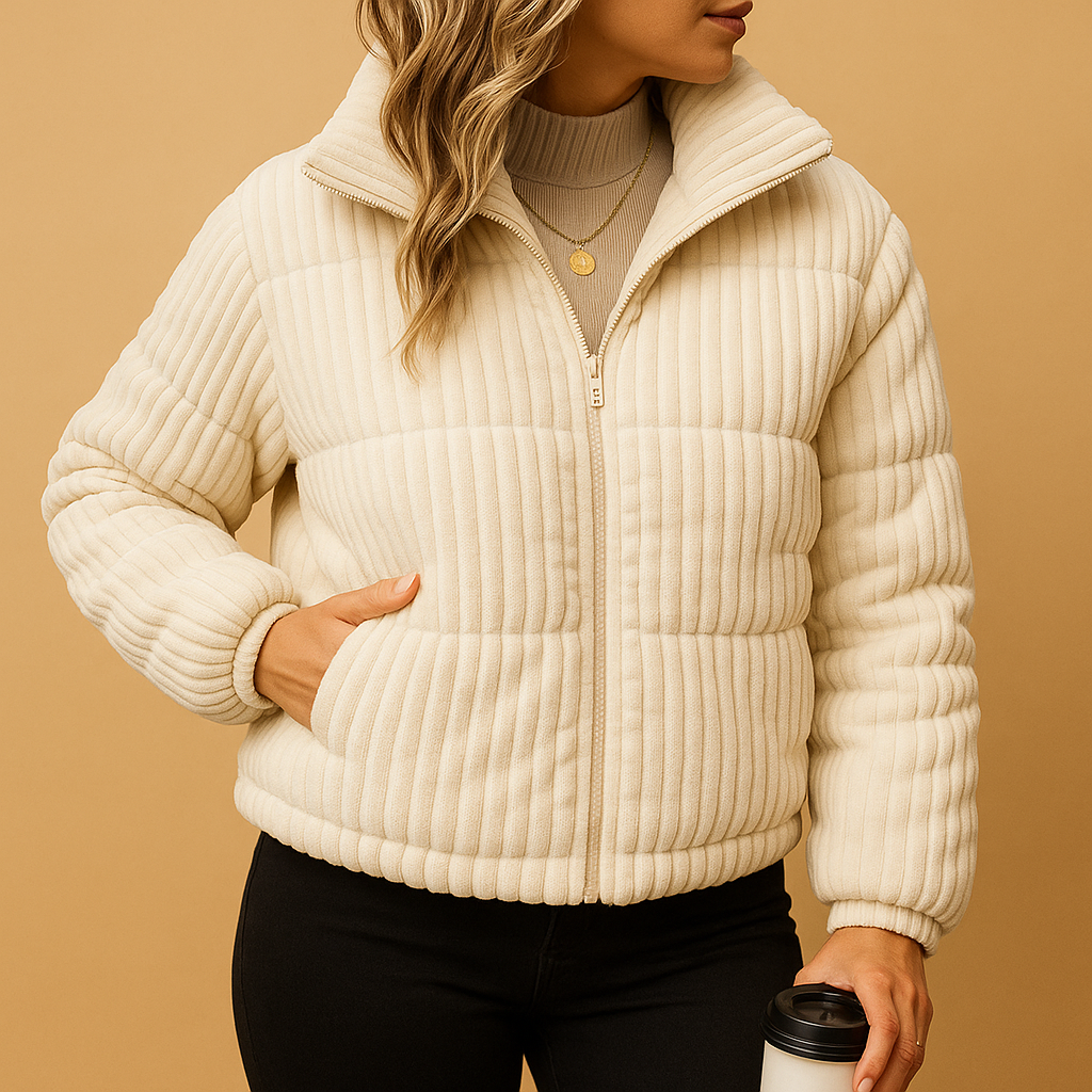 Women’s lightweight puffer jacket with a fitted silhouette, high collar, and zip closure, ideal for everyday wear and winter city walks.