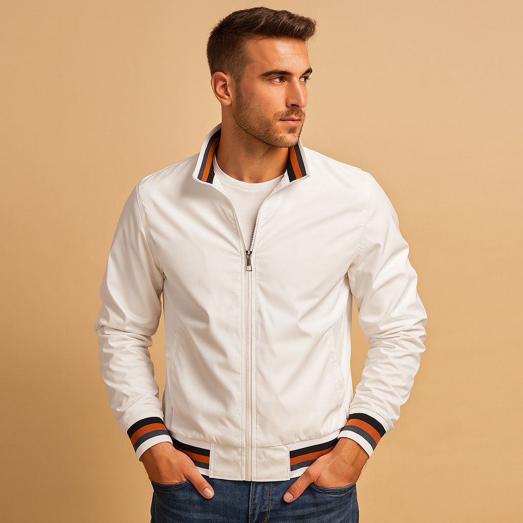 Men’s lightweight summer jacket with breathable design and zipper closure, perfect for casual or formal wear during warm days.