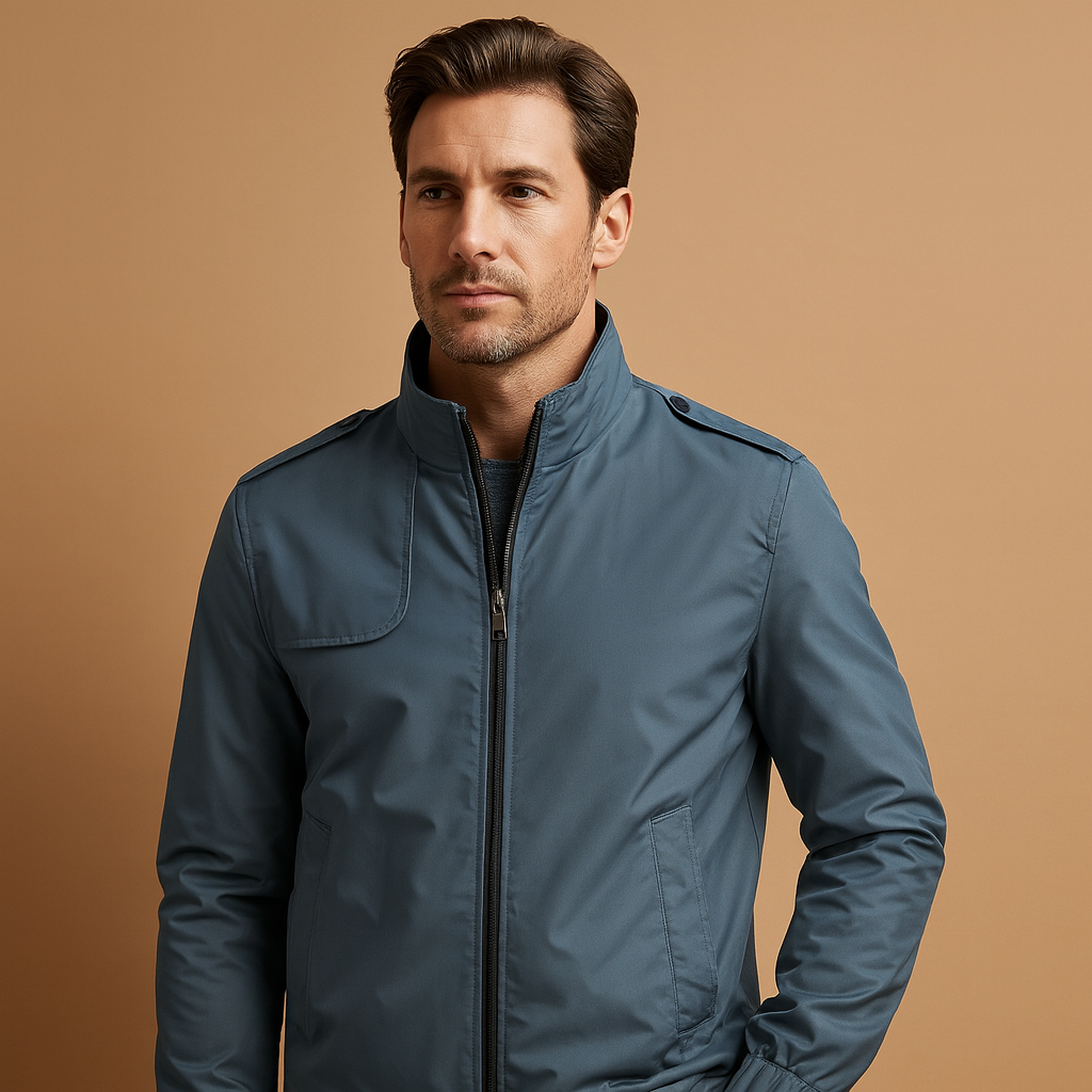 Men’s lightweight summer jacket with stand collar and practical pockets, suitable for daily wear and warm weather outings.