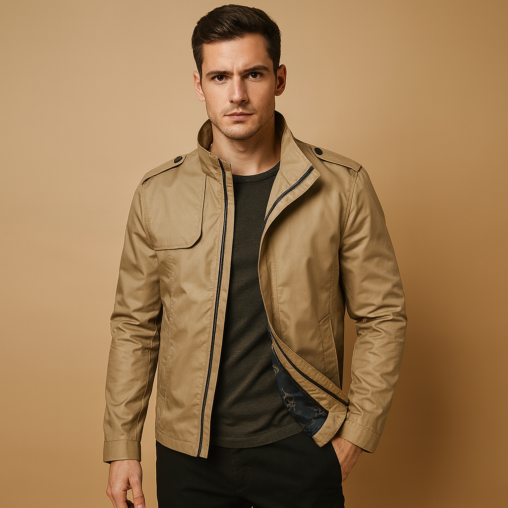 Men’s lightweight summer jacket with stand collar and practical pockets, suitable for daily wear and warm weather outings.
