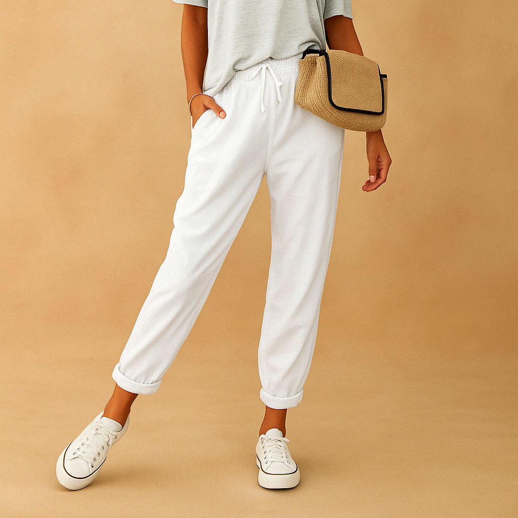 Women’s lightweight summer pants with breathable fabric and loose fit, available in beige, white, green, blue, and black. Perfect for warm days.