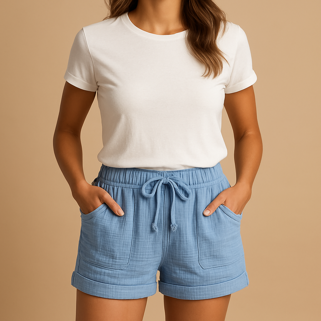 Women’s lightweight summer shorts with elastic waistband and practical side pockets, perfect for warm days, holidays, and casual outings.