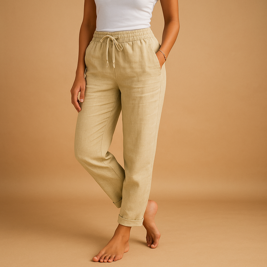 Women’s lightweight trousers with elastic waistband and feminine cut, designed with flowy fabric for casual wear or formal occasions.