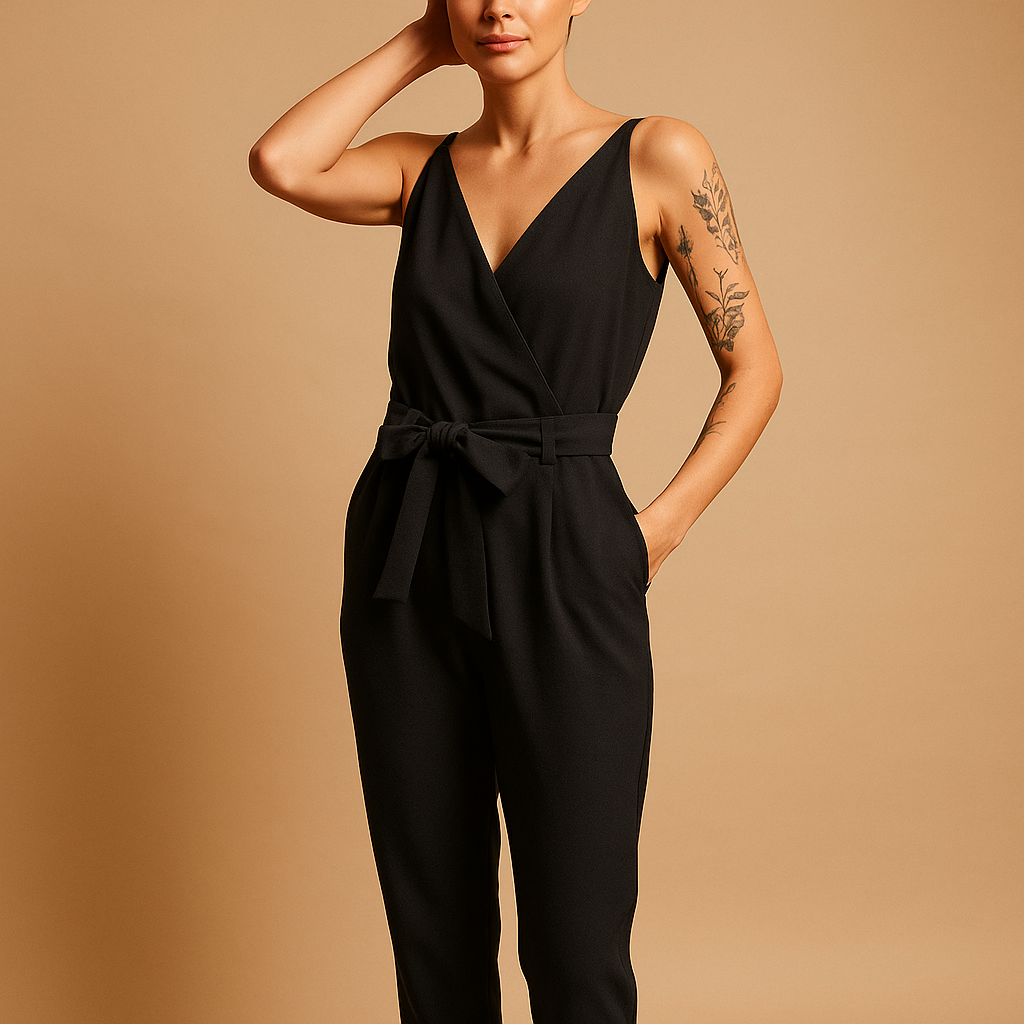 Women’s lightweight V-neck jumpsuit with adjustable waist and relaxed fit, perfect for summer days, beach trips, and casual outings.