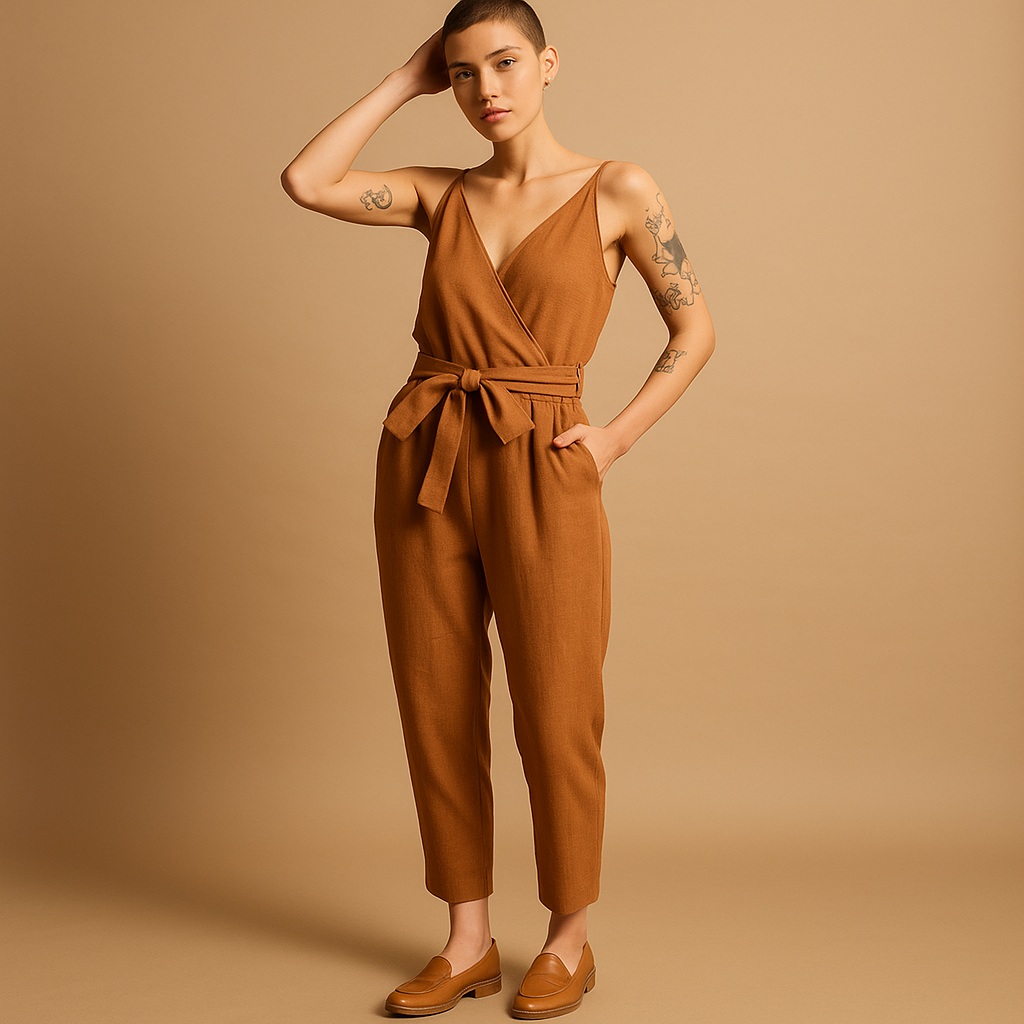 Women’s lightweight V-neck jumpsuit with adjustable waist and relaxed fit, perfect for summer days, beach trips, and casual outings.