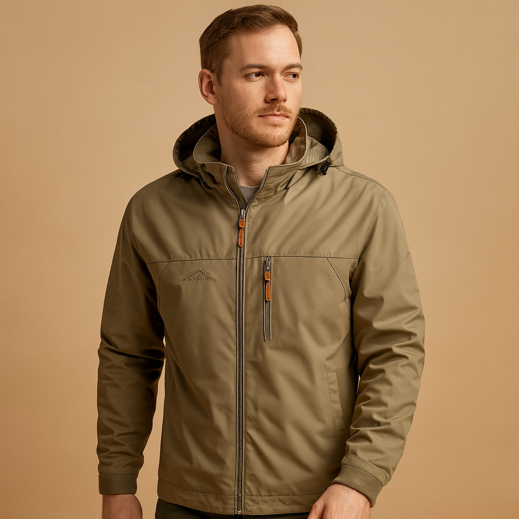 Men’s lightweight waterproof rain jacket with adjustable hood, wind protection, and breathable design, ideal for outdoor and everyday use.