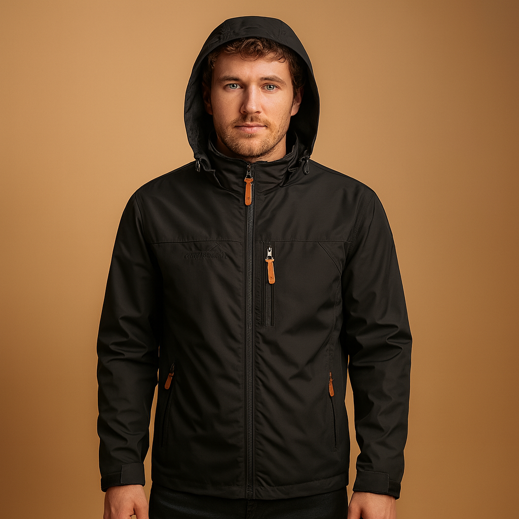 Men’s lightweight waterproof rain jacket with adjustable hood, wind protection, and breathable design, ideal for outdoor and everyday use.
