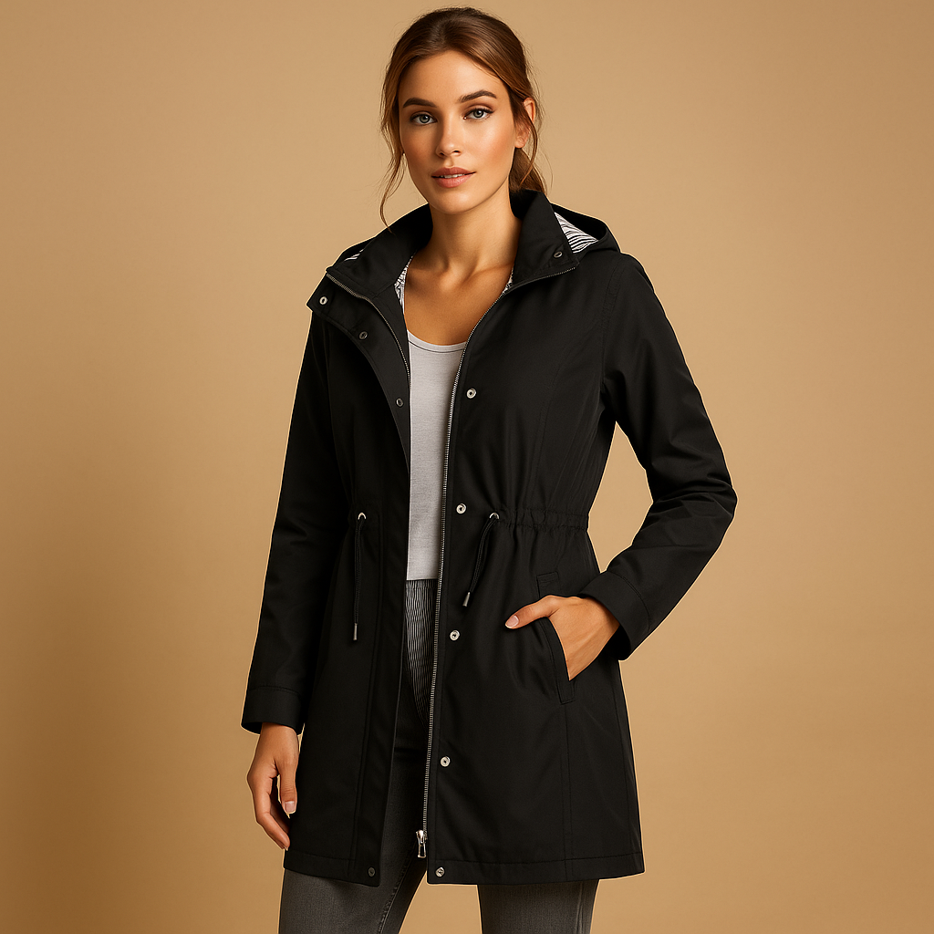 Women’s lightweight windbreaker jacket with a removable hood, adjustable waist, and water-repellent design, suitable for everyday wear and outdoor activities.