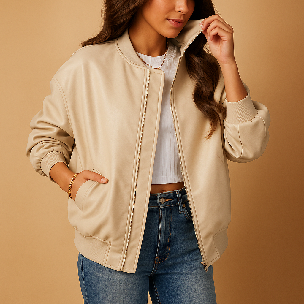 Women’s long baseball style jacket with a tailored fit and sporty accents, suitable for winter city wear and casual everyday outfits.
