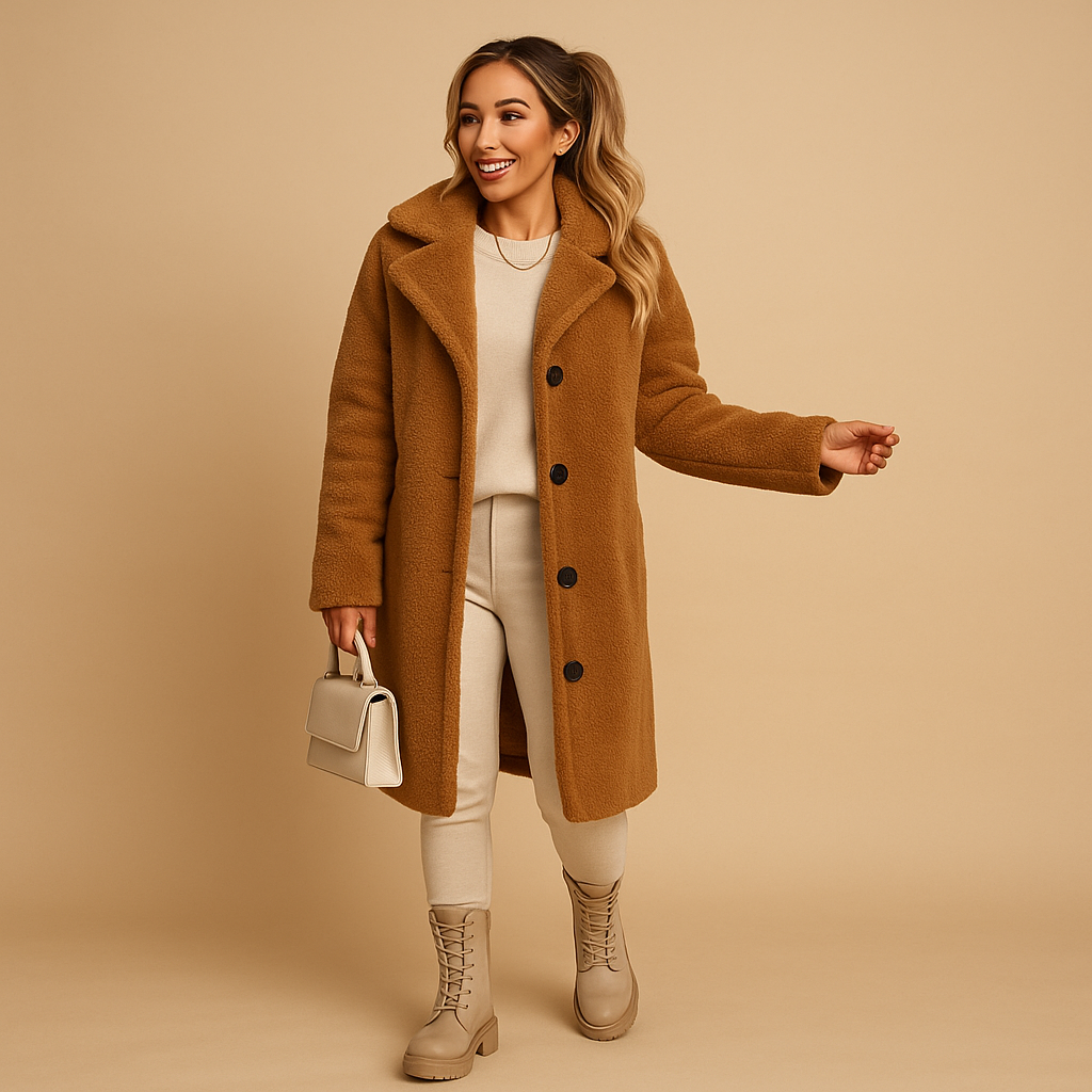 Long beige teddy coat for women with ultra-soft texture and modern silhouette, perfect for winter elegance and casual layering.