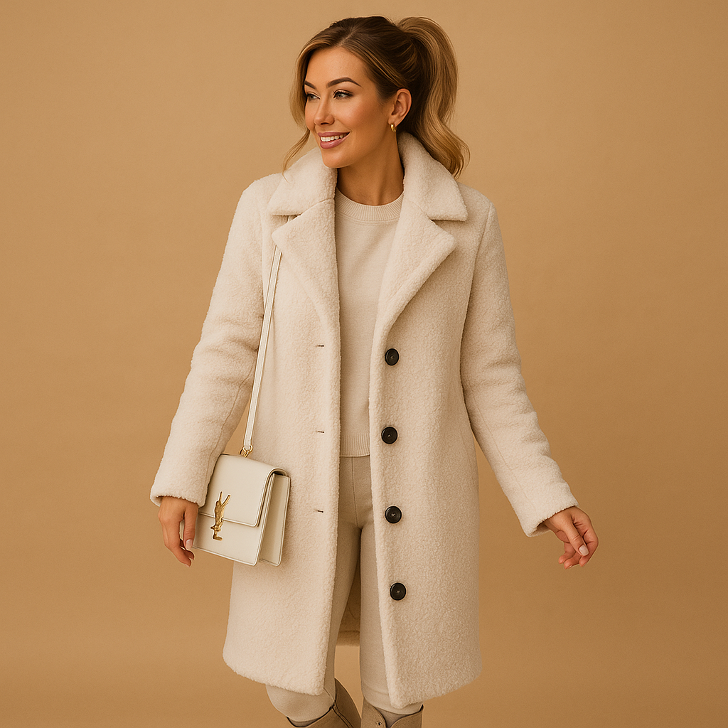 Long beige teddy coat for women with ultra-soft texture and modern silhouette, perfect for winter elegance and casual layering.