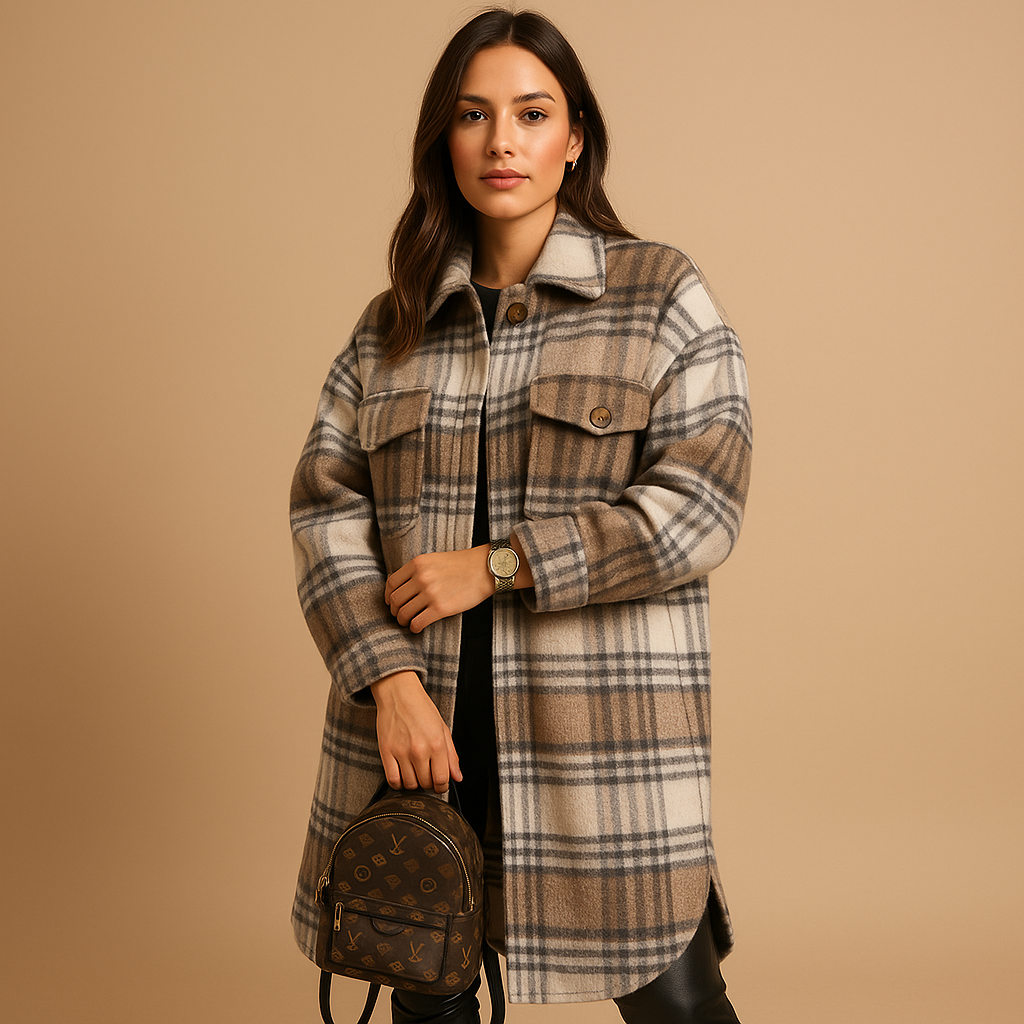 Women’s long checked tailored coat with classic lapel and elegant fit, suitable for everyday outfits and formal occasions.